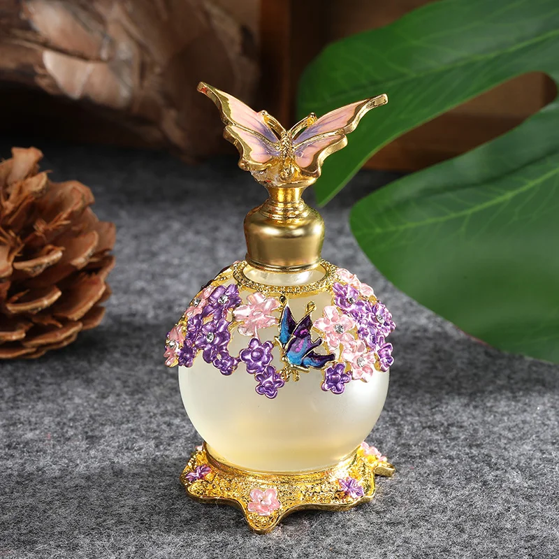 

Gold Purple Pink Flowers Glass Perfume Bottle With Metal Butterfly Lid Empty Refillable 25ml Round Frost Fragrance Containers