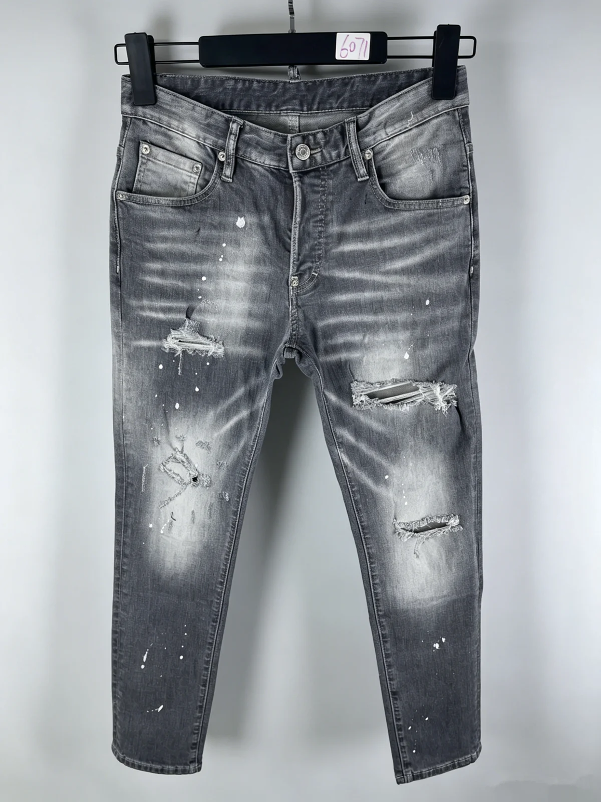 

6071 Four Seasons New Men's Wear Washed Patch Paint Three-dimensional Cut Leg Grey Jeans for Men