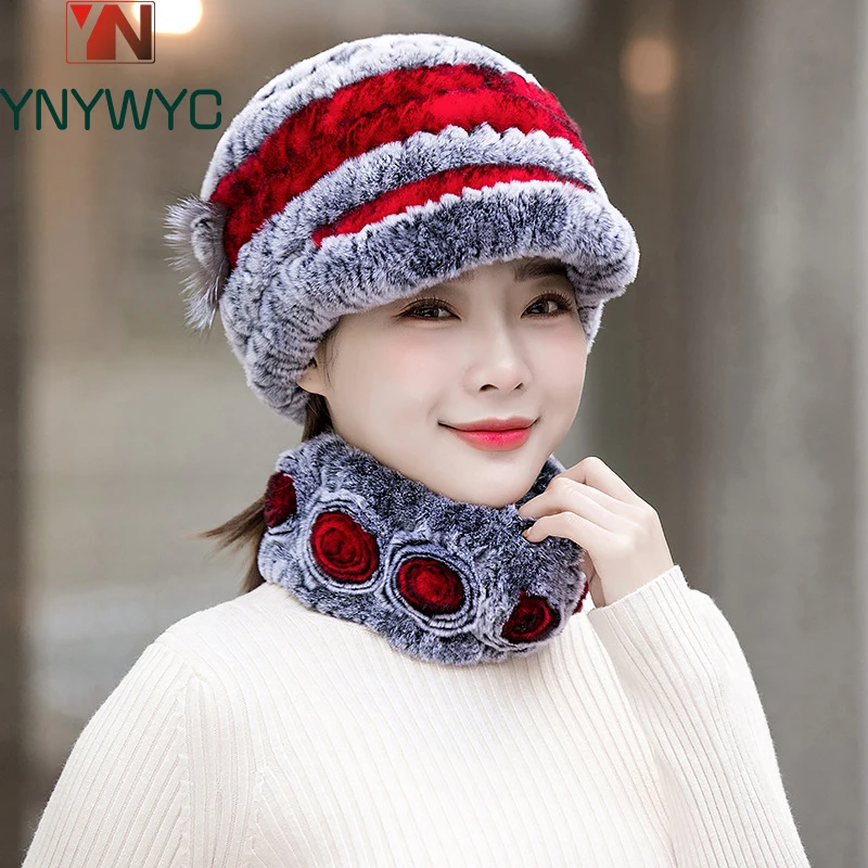 

New Women Winter Knit Real Rex Rabbit Fur Hat Scarf Sets Natural Warm Fur Cap Scarves 2 Pieces Girl Quality Real Fur Hat Muffler