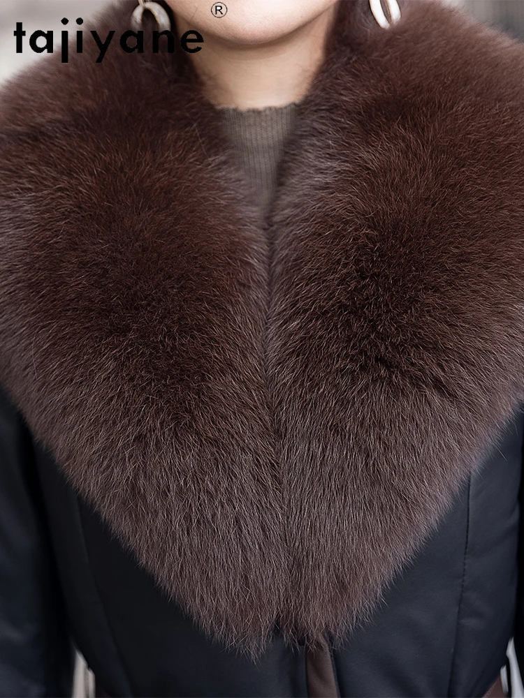 معطف نسائي من TAJIYANE مصنوع من جلد الغنم الحقيقي معطف نسائي ضيق طويل من الجلد الطبيعي معاطف بياقة من فرو الثعلب ملابس نسائية شتوية 2025 #5