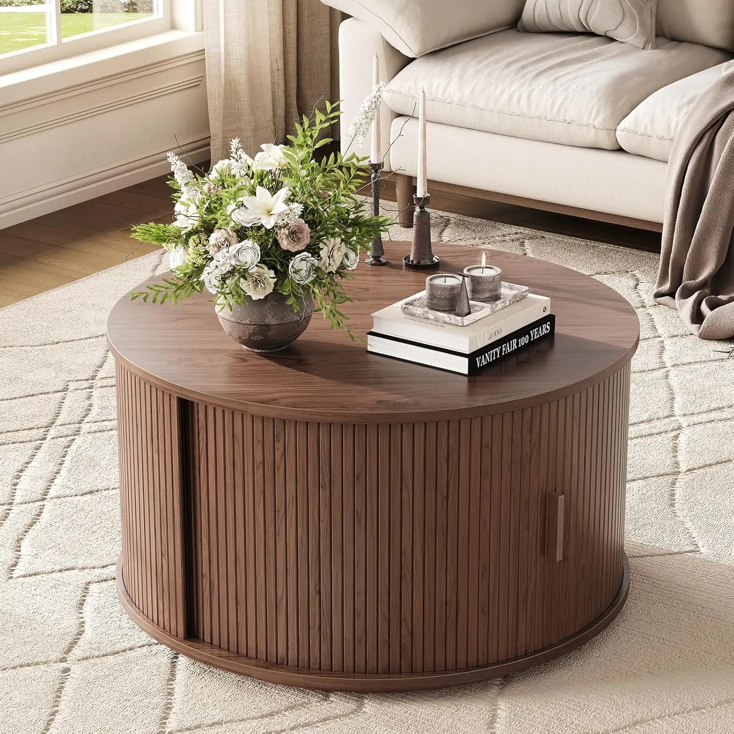 

Round Mid Century Coffee Table with Sliding Door & Hidden Storage, Living Room Furniture 31.5 , Custom