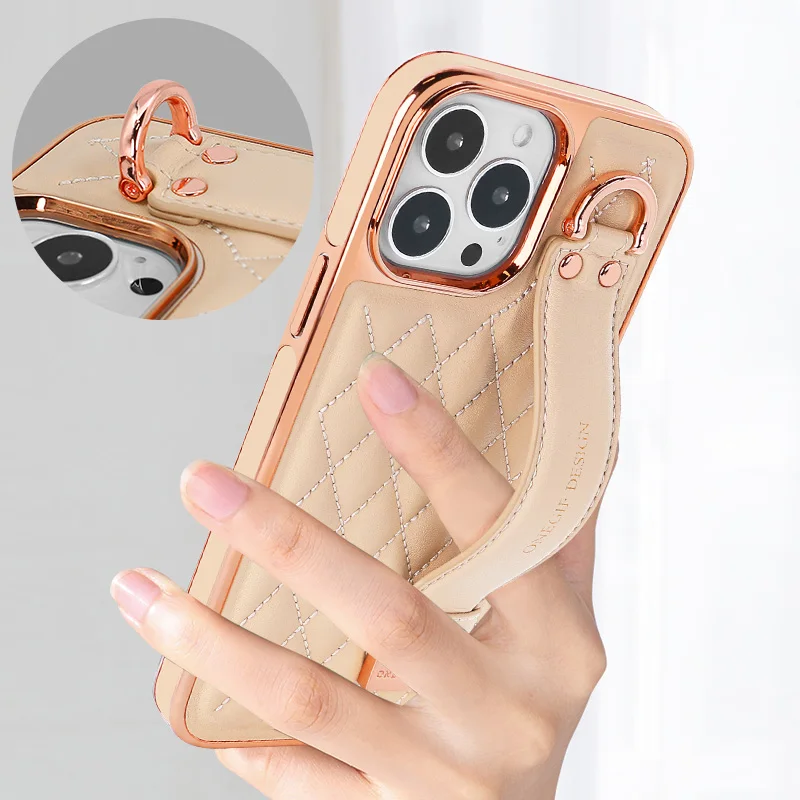 

Vietao-Gold Plated Leather Phone Cover, Wrist Strap, Holder Stand, Wristband, Mobile Case, iPhone 14, 13, 12 Pro Max, 14Pro Max