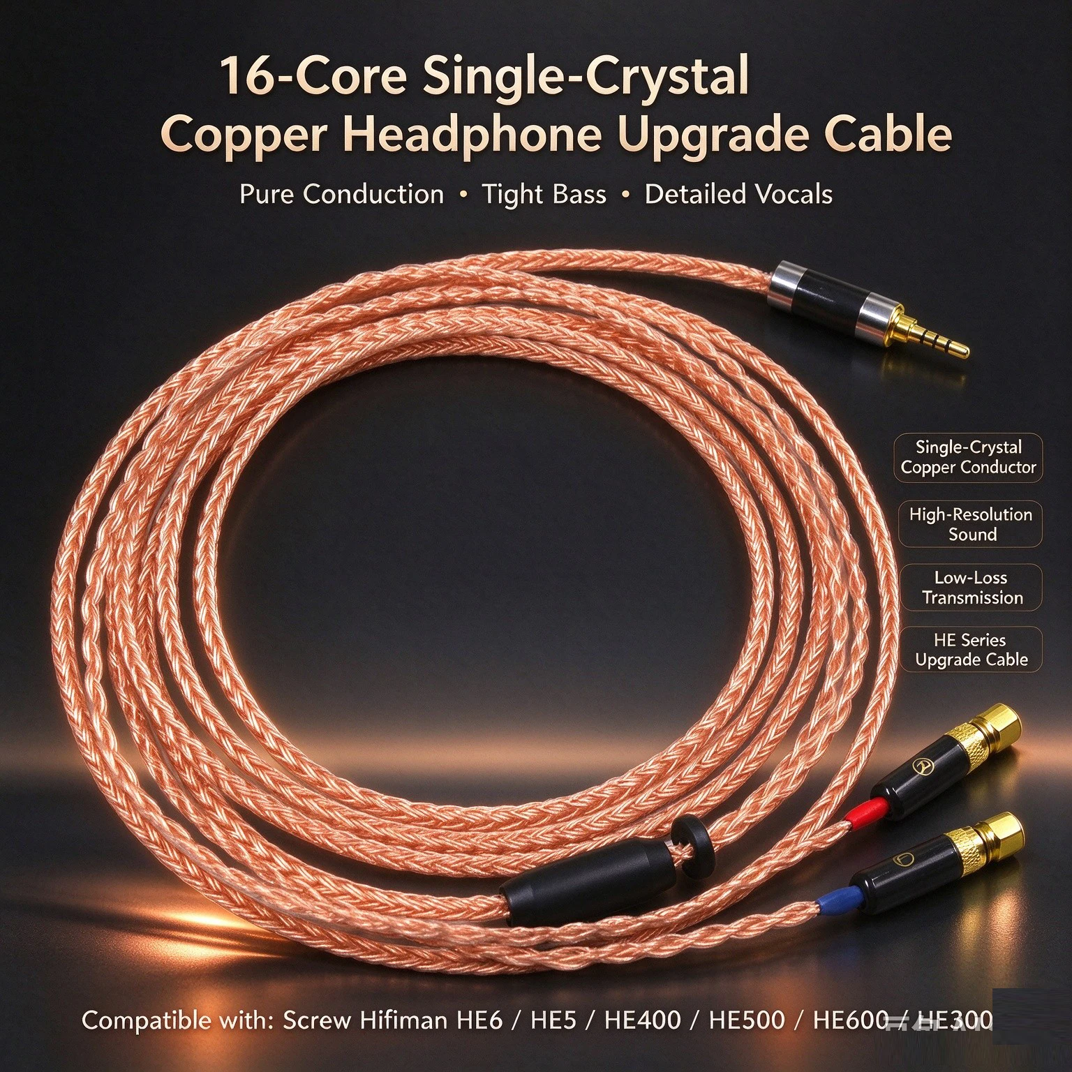 16 Core Copper OCC 2.5/3.5/4.4/XLR Plug Earphone Cable For (Screw) Hifiman HE6 HE5 HE400 HE500 HE600 HE300