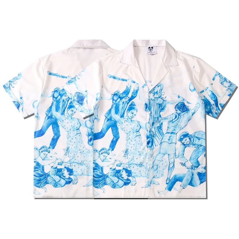 2025 NOVEDAD DE VERANO moda hombres manga corta de gran tamaño blanco hawaiano playa Harajuku camisas para hombre estampado vikingo camisa con botones Poleras