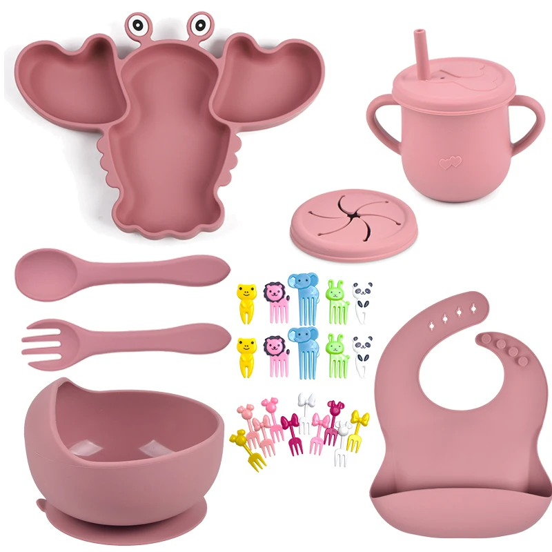 

6PCS Baby Silicone Sucker Plate Cup Bibs Bowl Fork Spoon Feeding Set for Children Non-slip silica gel Dinner Tableware BPA Free