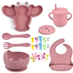 6PCS Baby Silicone Sucker Plate Cup Bibs Bowl Fork Spoon Feeding Set for Children Non-slip silica gel Dinner Tableware BPA Free