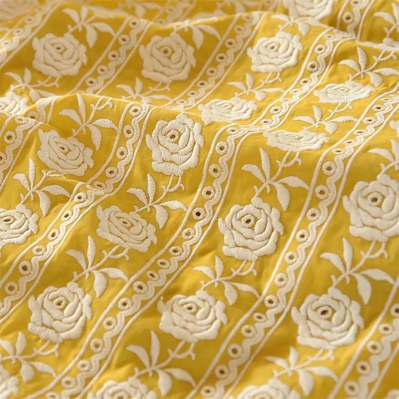 

145cm Width French Cotton Yellow Rose Heavy Embroidery Summer Dress Draping Clothing Fabric