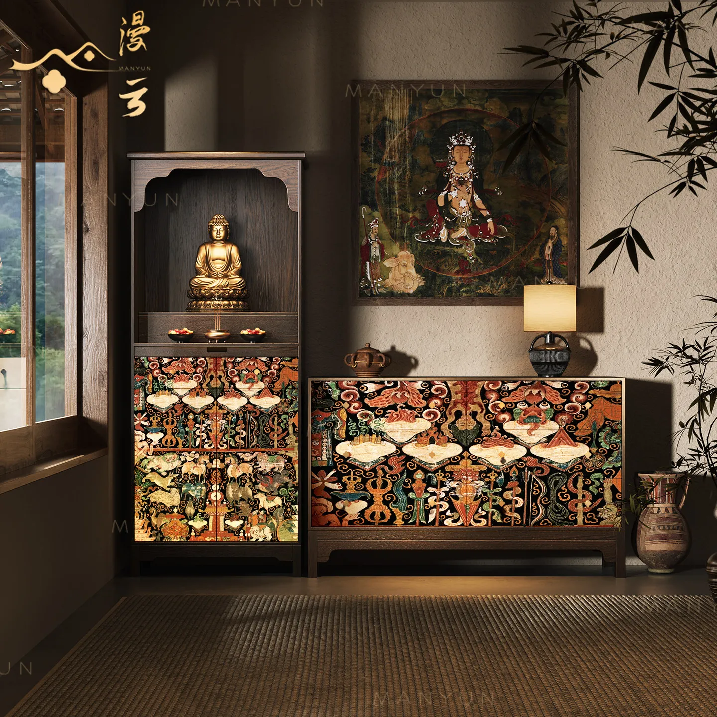 DSA Song Dynasty aesthetic solid wood Buddhist niche Xiangwen Wuchan offering table God of Wealth new Chinese vertical cabinet