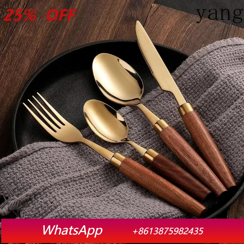 

4 pieces wooden handle tableware set stainless steel knife, fork and spoon set dishwasher safety kitchen supplies