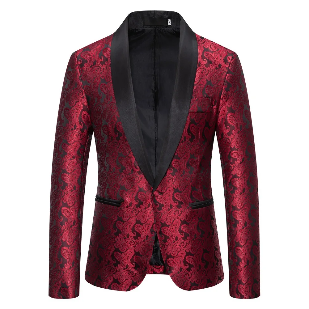 White Men\'s Cashew Flower Blazer Jacket, Wedding Party Dress Coats, Red Blue Black Suit Tops Jackets S-XXL