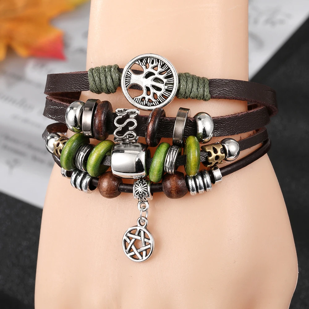 EN Woman Fashion Tree of Life Leather Bracelets for Men Punk Retro Handmade Charm Star Bracelet Women Jewelry Accessories Gifts