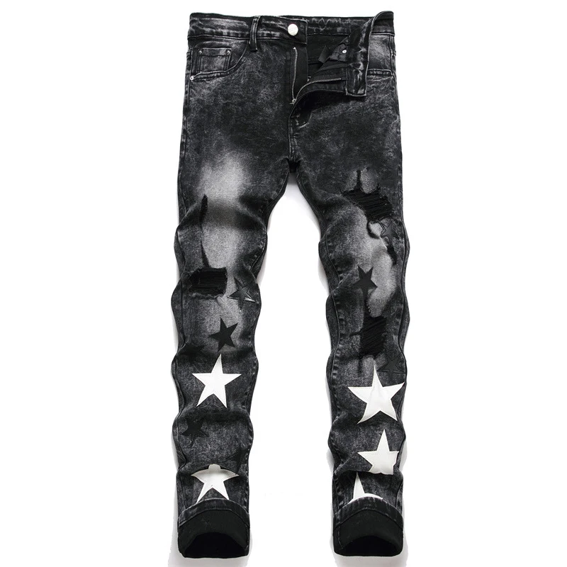 

starbags dsq Slim Stretch Black Men's cotton elastic Embroidered leather label Ripped Star Fashion men's European Jeans