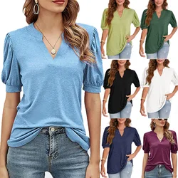 2023 Summer Women New T-Shirt Casual V-Neck Solid Bubble Sleeve Loose Top Casual Versatile Bottom