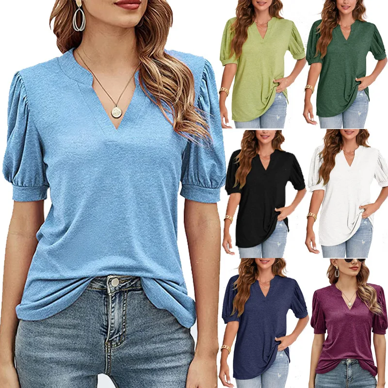 2023 Summer Women New T-Shirt Casual V-Neck Solid Bubble Sleeve Loose Top Casual Versatile Bottom