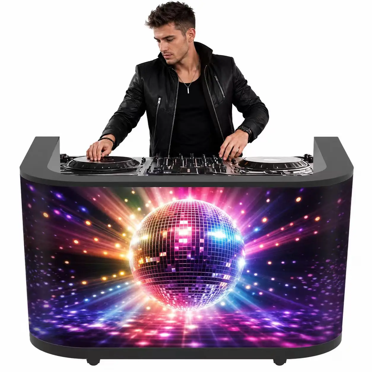 Black DJ workstation desktop stand portable booth LED video wall display DJ booth