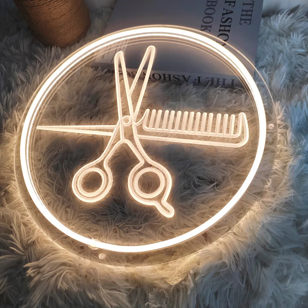 Hair Salon Neon Signs for wall decor Beauty Room Decor Barber Neon Light LED Signs for Wall Haircut night  Comb and scissors USB