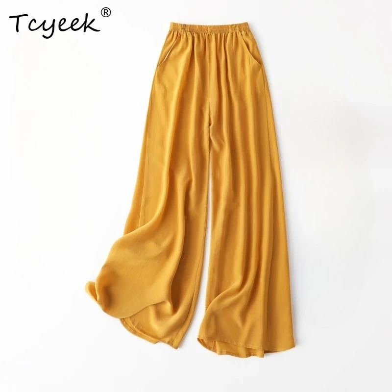 Tcyeek 100% Natural Silk Pants Women Summer Clothes Casual Elastic Waist Wide Leg Pants Solid Color Woman Trousers Streetwear