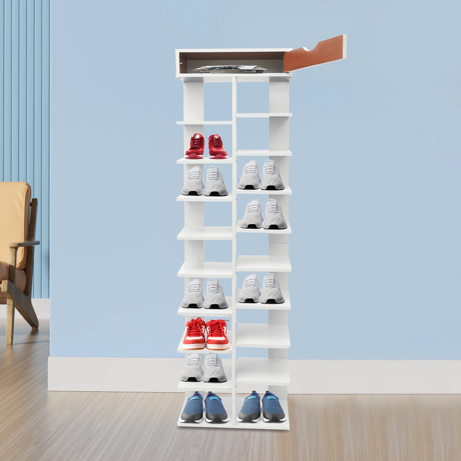 

Белая тумба для обуви из ДСП 40*22*141 см, 10-ярусная, вертикальная, современная, для дома, на 18 пар обуви