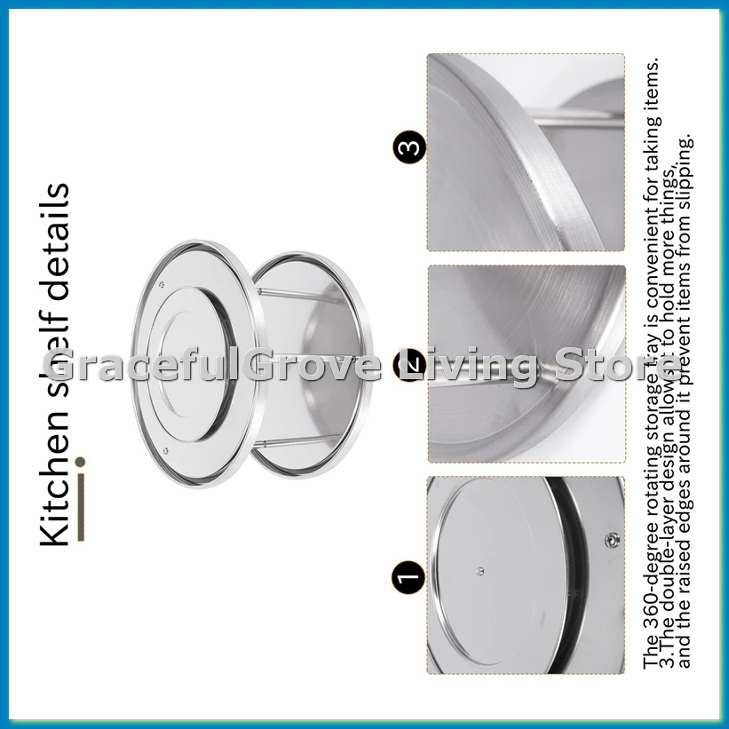 Spice Rack Stainless Steel Organizer Tray 360 Degree Turntable Rotating 2 Stand For Dining Table Kitchen Counters Cabinets-ABFB