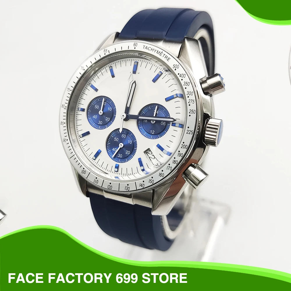 

Luxury Blue Quartz Watch VK63 Movement Panda Men's Watch + Silicone Strap Waterproof Three Eyes Chronograph