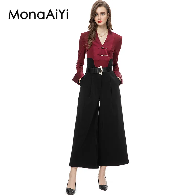 MonaAiYi 2023 Newest Runway High Street Fashion Designer Women's V-Neck Cuff Fold Red Jacket Tops+Wide-Leg Trousers 2pcs Set