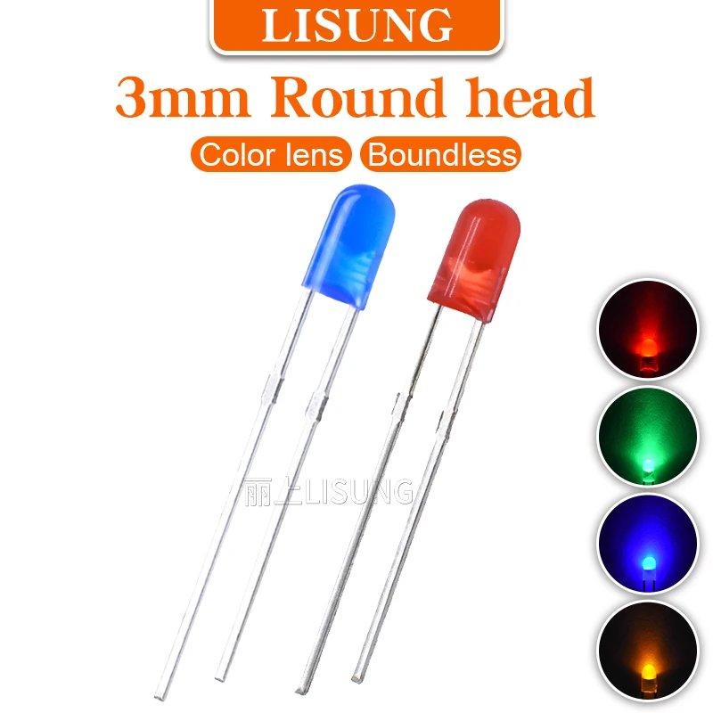 1000pcs/bag 3mm Led Color Lens Diffuse Round Boundless Red Yellow Blue Green Led in Diodes Through Hole 0.06w Keyboard Lamp Kit