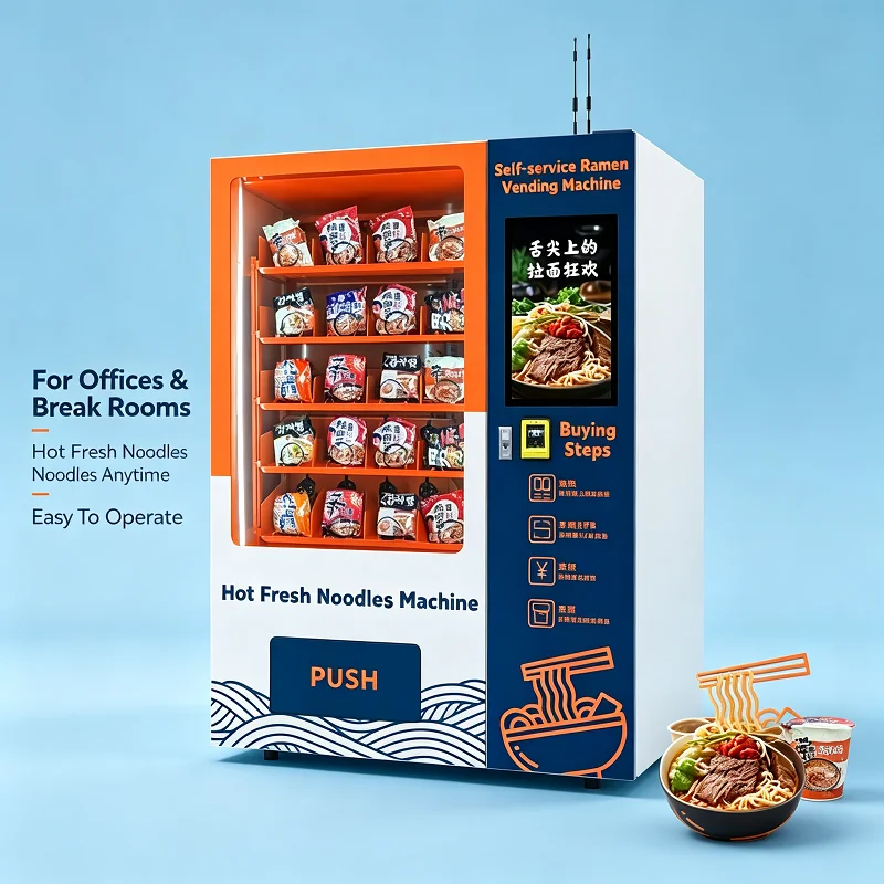 Compact Noodle Dispenser System, Heating Water Tank, Snack Box Rack, Self-Retail Unit for Workshop Pantry