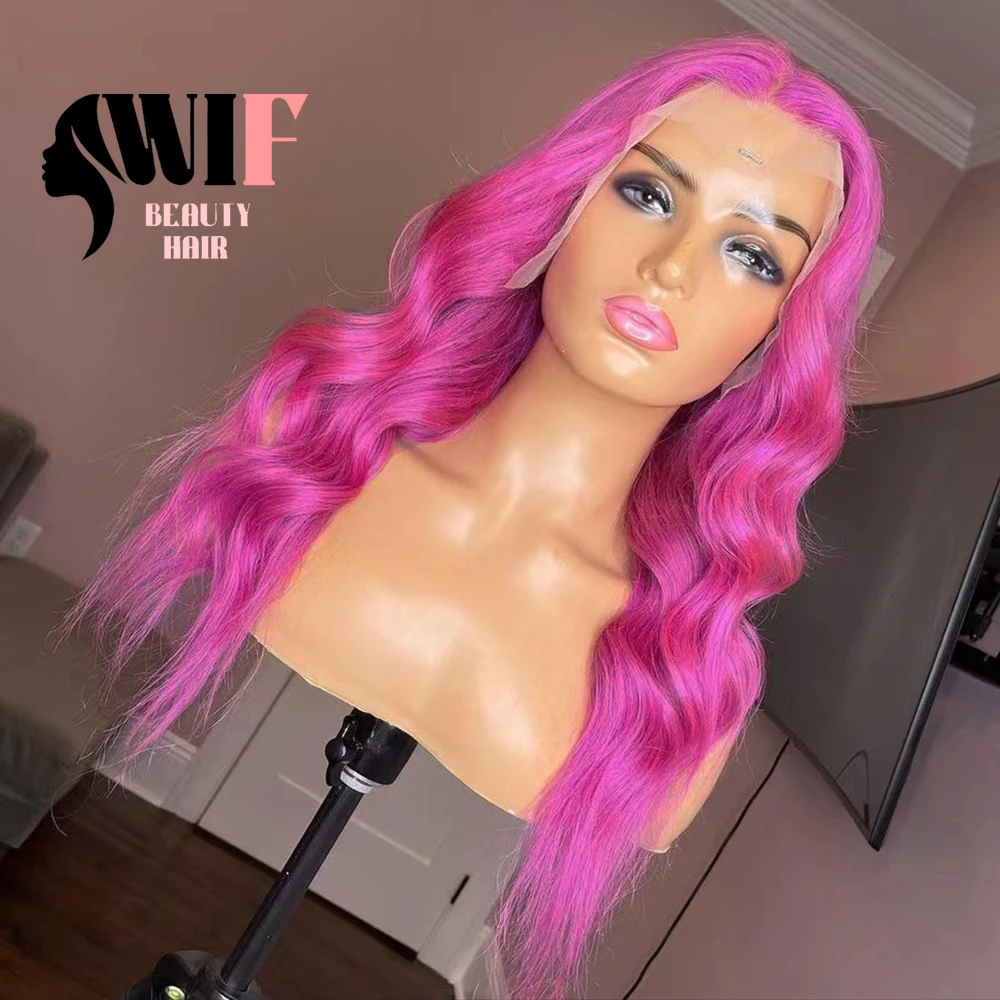 WIF Body Wave Dark Pink Long Hair Synthetic Wig Natural Hairline Water Wavy Lace Front Wigs Women Cosplay Daily Use