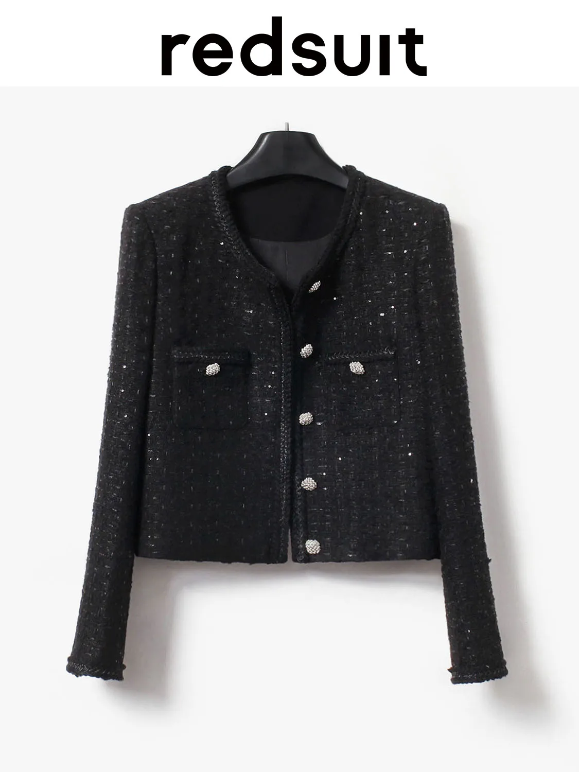 New Advanced sequin silver thread coarse tweed woven black short jacket with temperament top Custom size