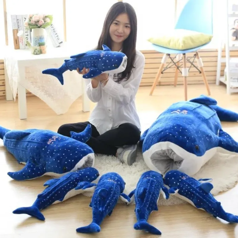 Juguetes de peluche de tiburón azul para niños, muñeco de tela de pez grande, ballena, Animales Marinos de peluche, cojín, regalo de cumpleaños,