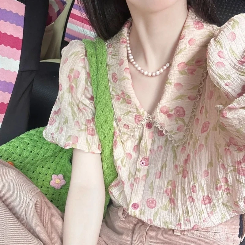 

XEJ Chiffon Blouse Pink Tulip Floral Doll Neck Short Sleeved Summer Women's Shirts Chic Woman Blouse Sweet Puff Sleeve 2024 Top