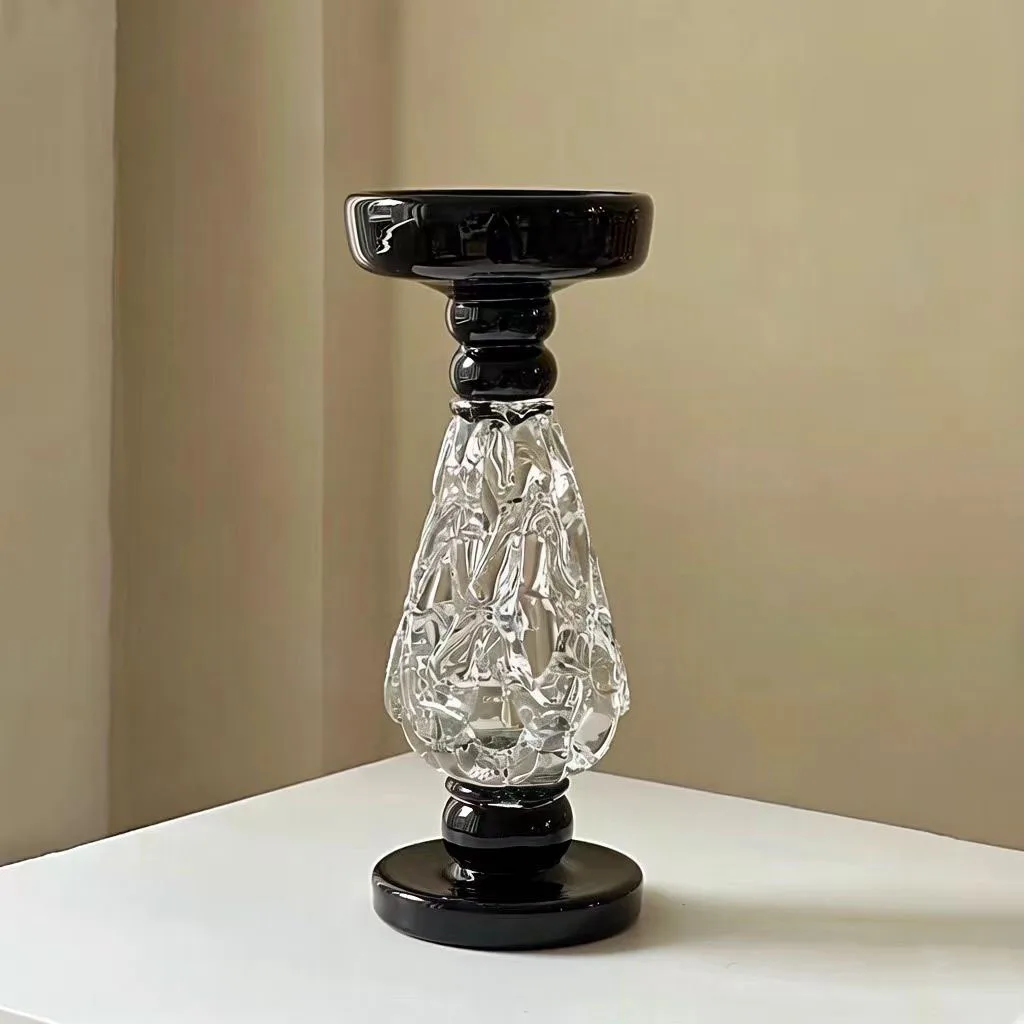 Retro Baroque Black Glass Candlestick Heavy Duty Candle Holder Light Luxury Mid Century Home Decor for Living Room  French Style