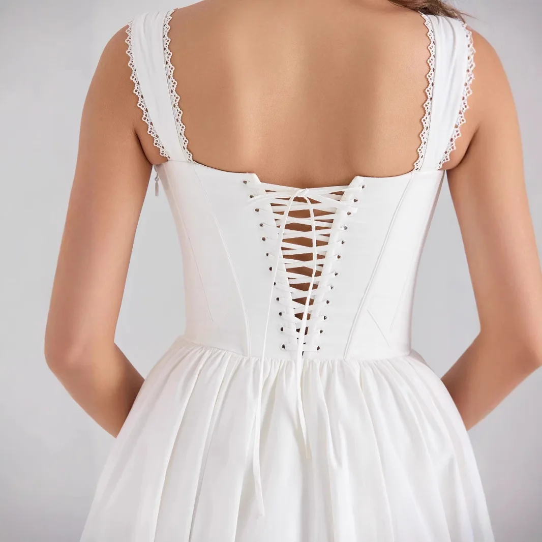 Vintage White Corset Midi Dress – Lace Trim Square Neck A-Line Cottagecore Summer Party Dress