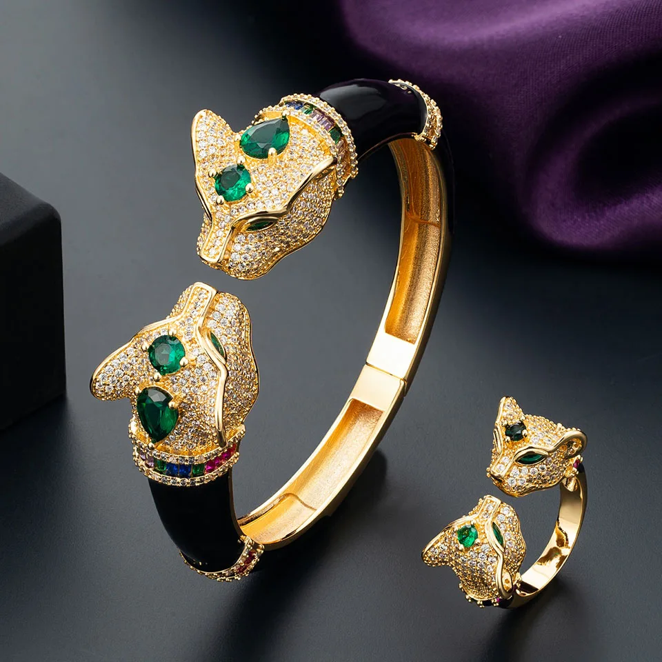 

Zlxgirl Classic Green Eye Leopard Animal Bangle Ring Jewelry set of Women's Bridal Bijoux Dubai Gold Zircon Bangle anel aneis