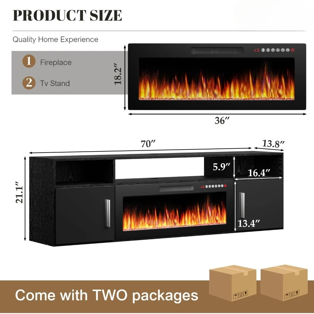 Soporte flotante para TV de 70" con chimenea eléctrica de 36", centro de entretenimiento montado en la pared con luces LED y gabinete de almacenamiento, gran oferta