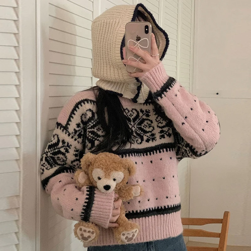 

Korean style sweet retro contrasting color jacquard age-reducing Fair Island knitted sweater