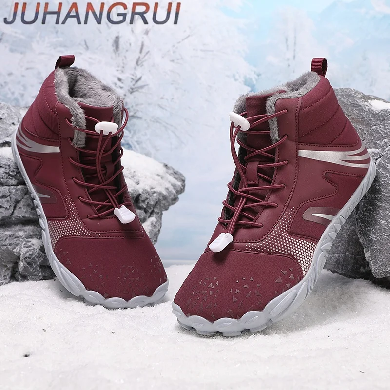 Winter Womens And Mens Barefoot Snow Boots Plush Warm Ankle Boots Non-slip Outdoor Waterproof Hiking Shoes Walking Cotton Shoes