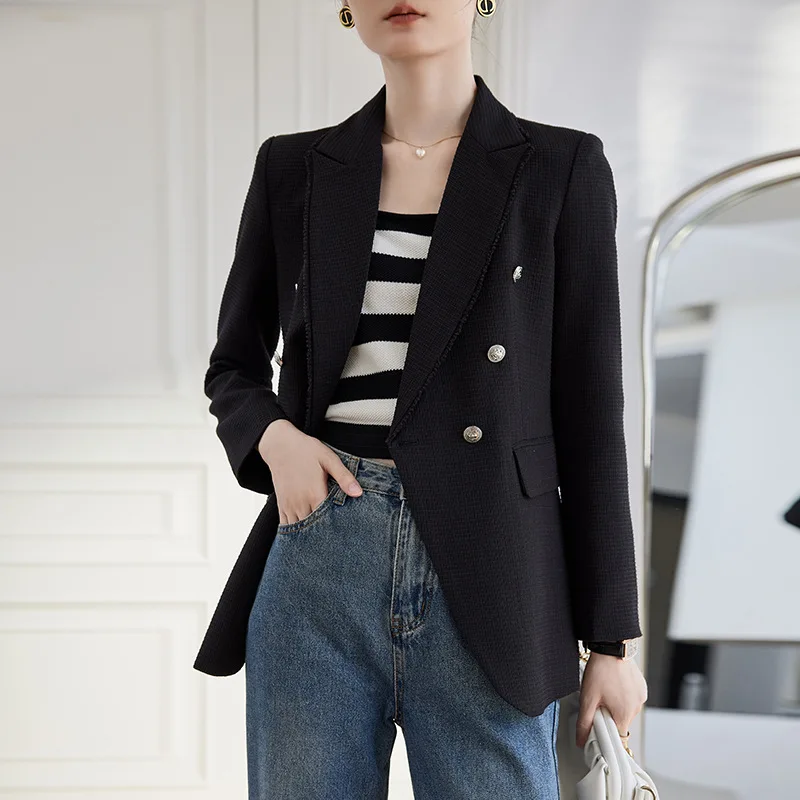 Nữ Xanh Đôi Slim Áo Khoác Blazer Vintage Túi Tay Dài Nữ Áo Khoác Ngoài Sang Trọng Phù Hợp Với Áo Khoác