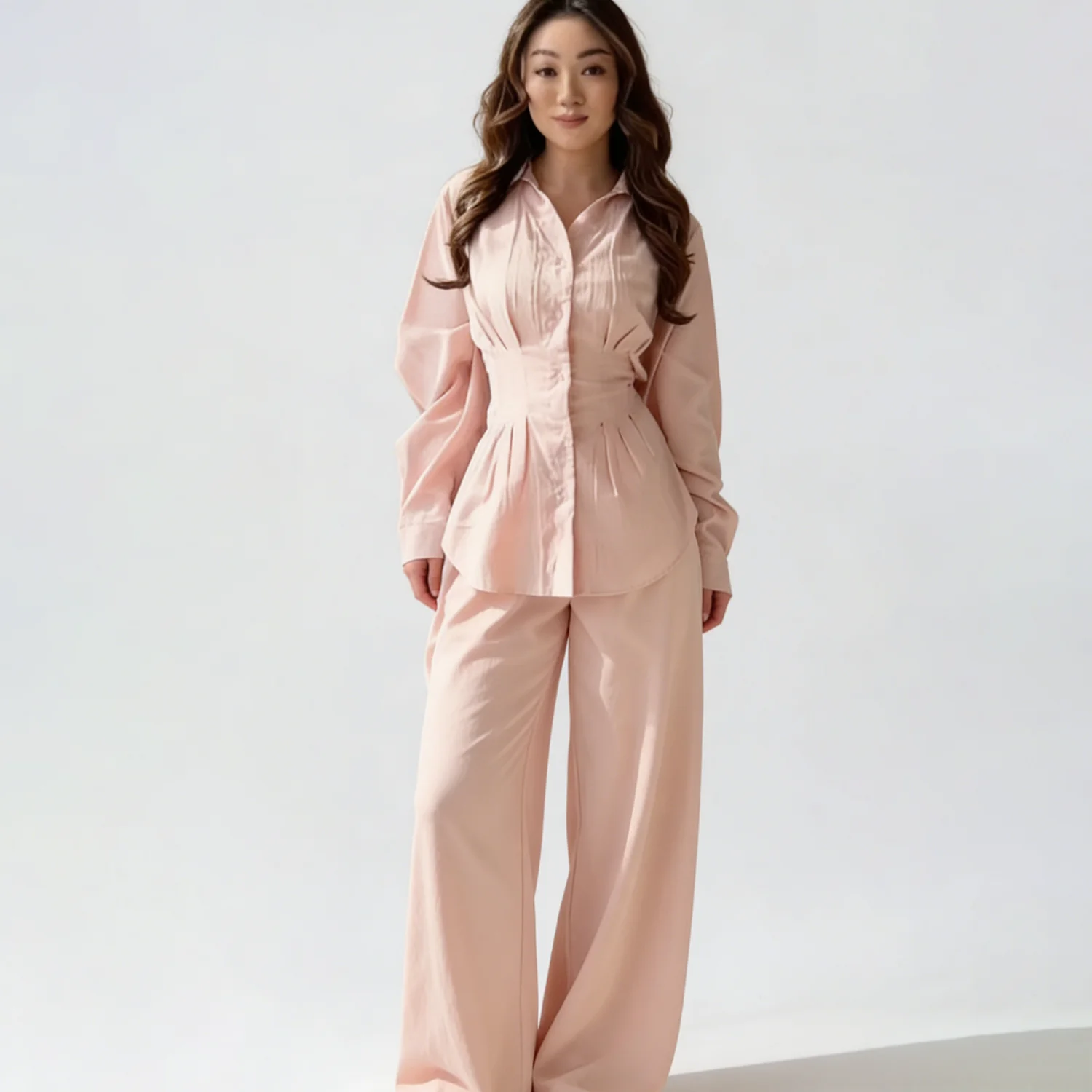 

LIMO 2026Elegant Set:Puffed-sleeve shirt with cinched waist+wide-leg pants. Soft,for comfort & style. for office, dates,outings.