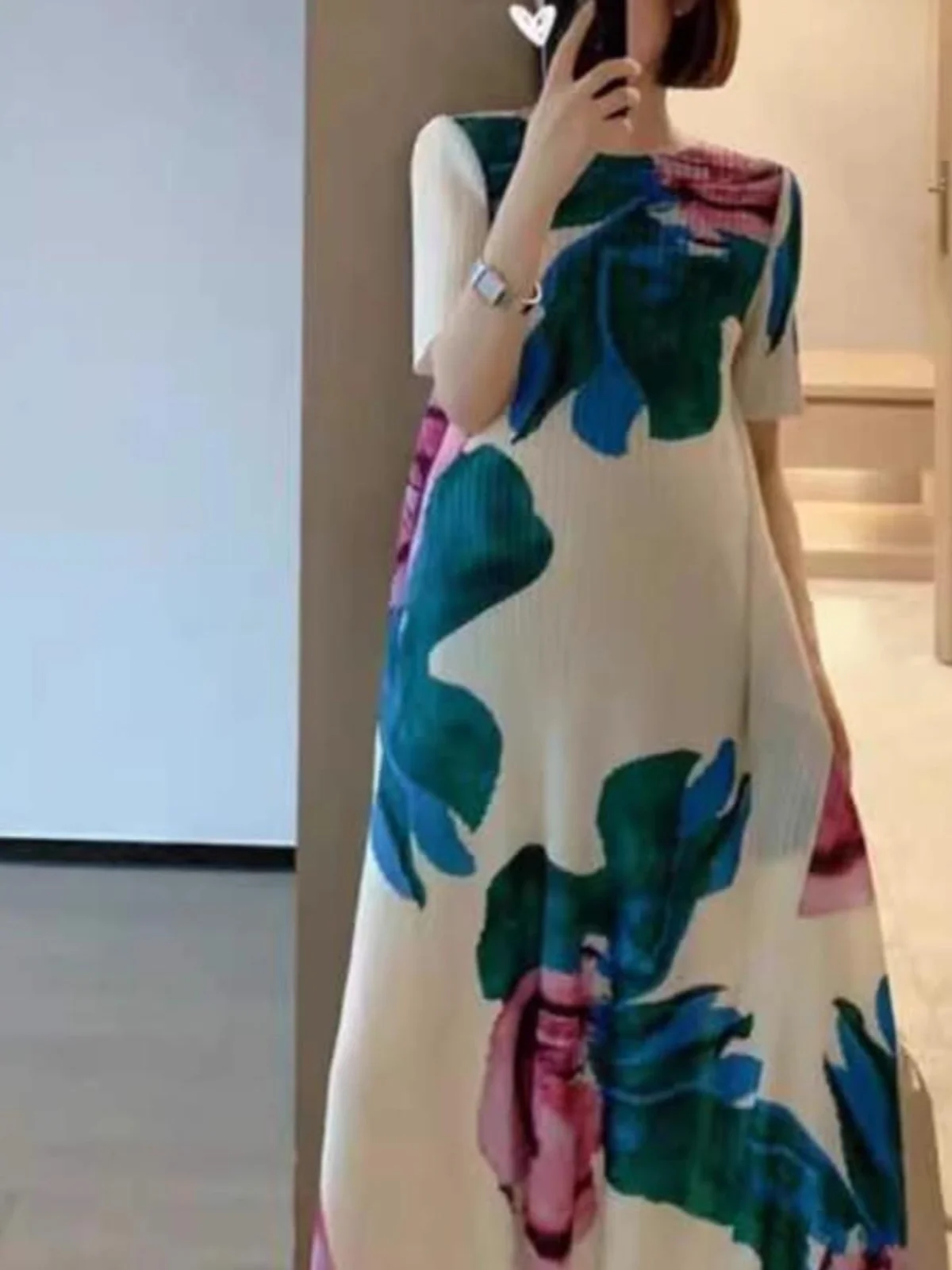 

Ele Long Dr Women's Summer Faion Pleated Classy Skirt A-Line Midi Dr Polyester Fiber ort Sve round Ne