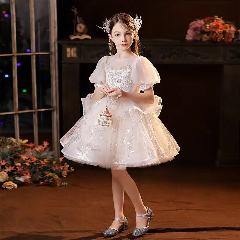 Dreamy Vow Graceful White Baby Girl Dress Ornate Embroidered Puff Sleeve for Kids Birthday Holiday Wedding Party Ball Gown J715