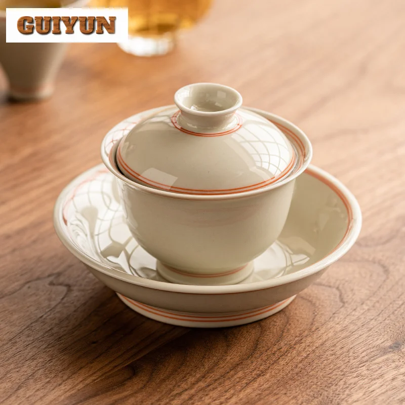 70ml Hand Drawn Double Line Gaiwan Retro Plant Ash Galze Tea Tureen Zen Tea Making Cover Bowl Tableware Accessories Ornaments