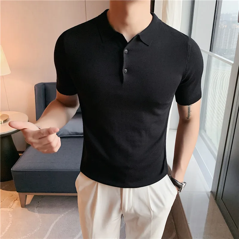 British Style Summer Knitted Polo Shirt Solid Color Slim Fit Stretch Short Sleeve T-shirt Men Business Social Polos Streetwear