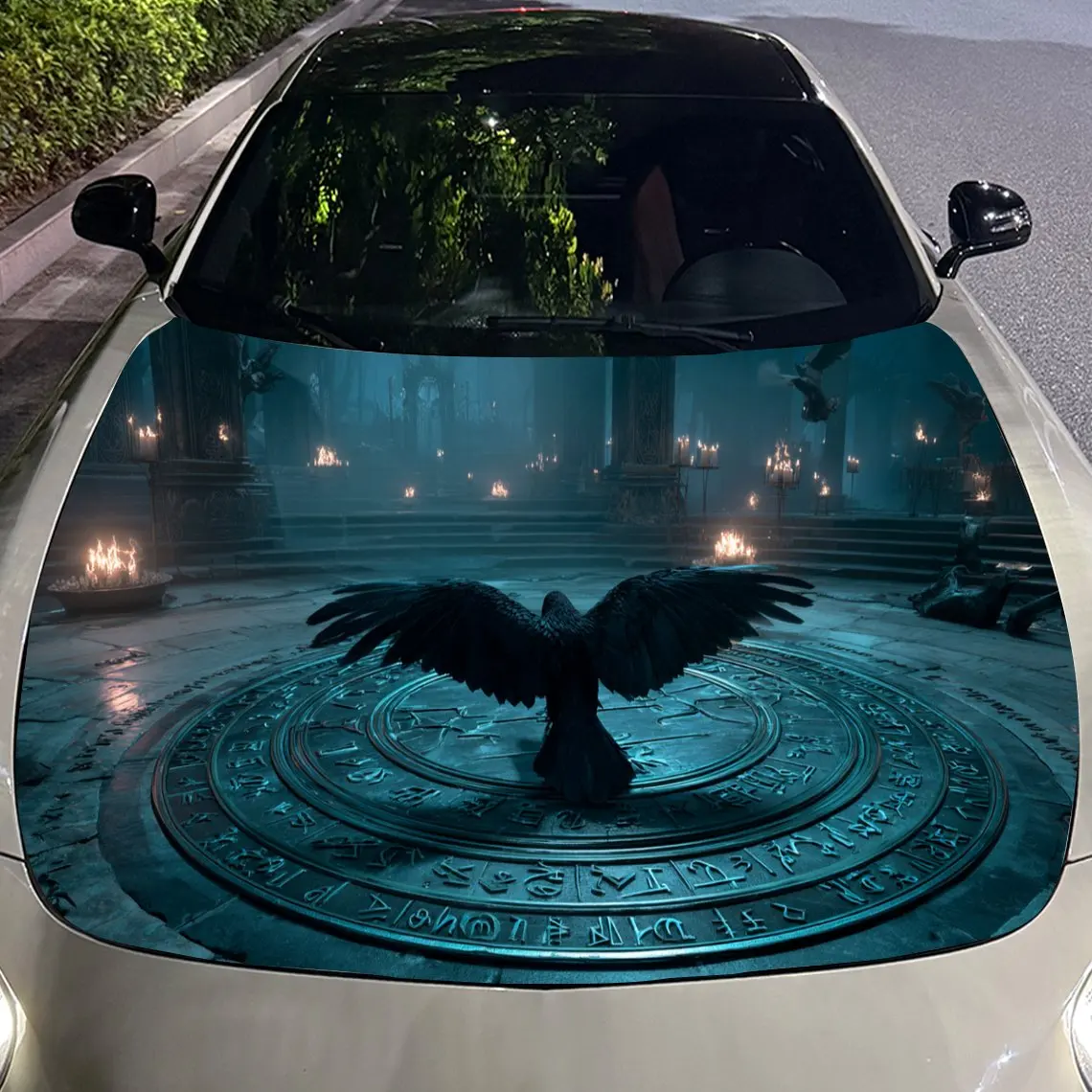 غلاف فينيل للسيارة من Nether Domain Black Raven and Rune Array، ملصق غطاء السيارة المقاوم للماء من مادة PVC، مقاوم للخدش ذاتي اللصق