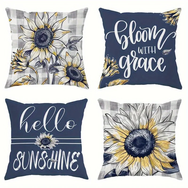 4 Pack Printed Sunflower Pillow Covers Set Farmhouse Boho Floral Decor Cushions for Seasonal Home Accents