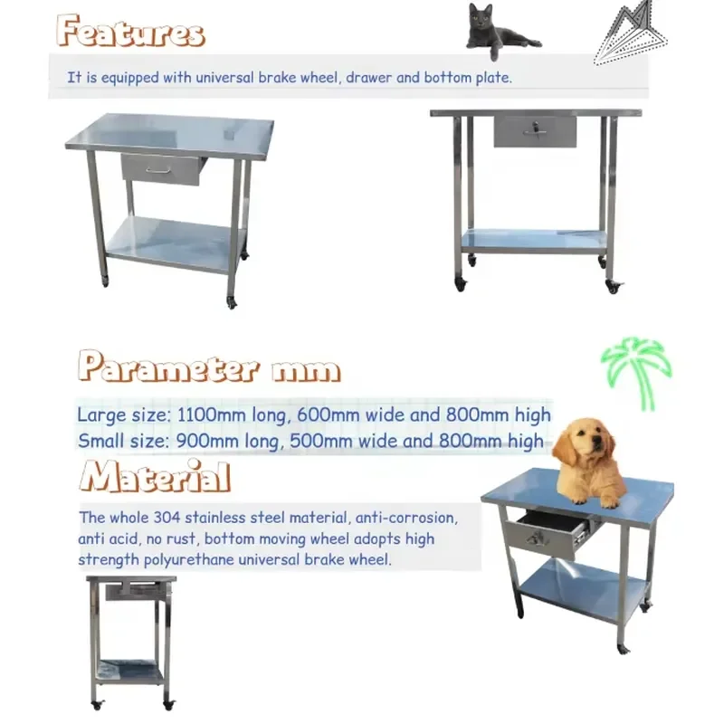 USMILEPET Stainless Steel with Drawers and Wheels Veterinary Diagnostic Treatment Table Pet Disposal and Examination Table