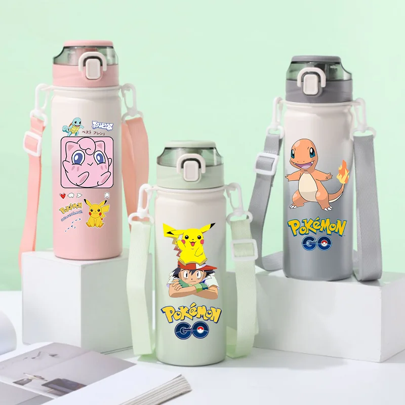 600ML Stainless Steel Pokemon Childrens Drinking water Bottle Pikachu Portable Insulated Straw water Cup Aldult Large Capacity