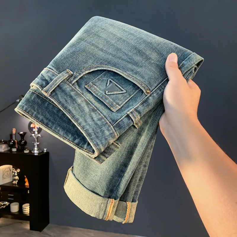 

2025 новые осенние винтажные синие мужские элитные модные брендовые облегающие повседневные роскошные джинсовые длинные брюки с небольшой ногой