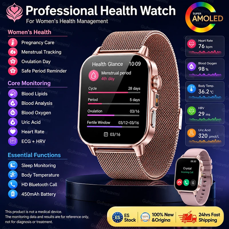 Montre connectée professionnelle pour femmes, écran AMOLED de 2.01 pouces, ECG, acide urique, lipides sanguins, appels Bluetooth, montre connectée pour femmes, cadeau idéal, nouvelle collection 2026