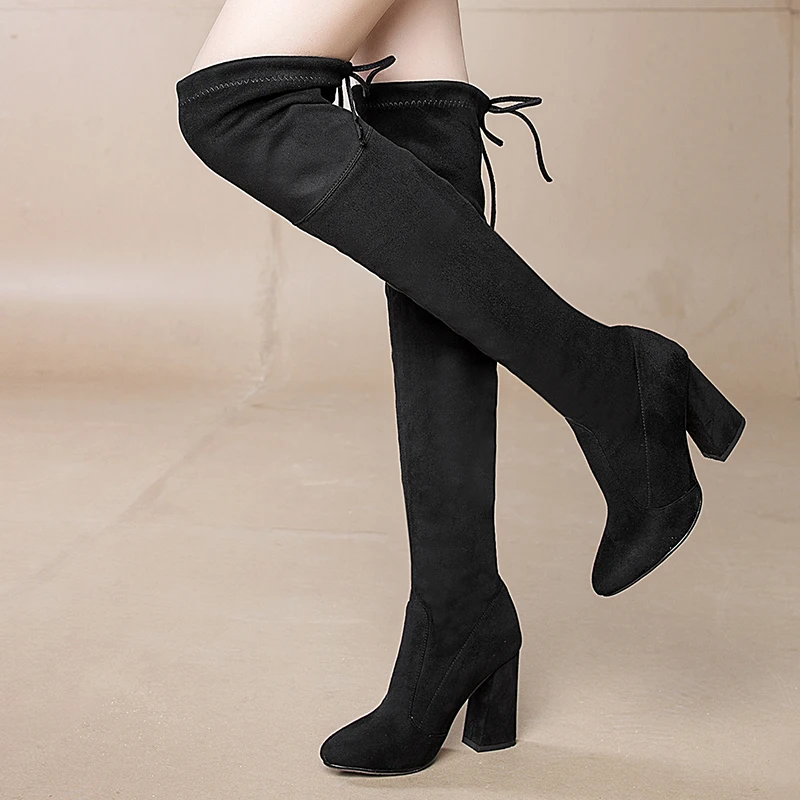 

Новинка 2025 года, сапоги выше колена из эластичной ткани, женская осенняя обувь из искусственной замши на высоком каблуке
